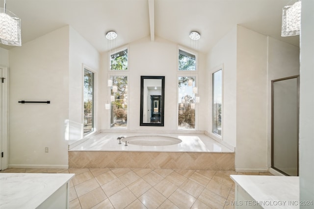 bathroom featuring vaulted ceiling with beams, tile patterned floors, and independent shower and bath