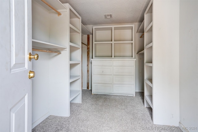 walk in closet featuring light colored carpet