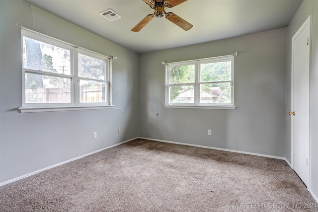 carpeted spare room featuring ceiling fan and a healthy amount of sunlight