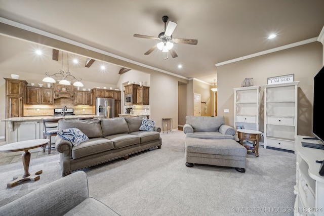 living room featuring lofted ceiling, light colored carpet, crown molding, and sink