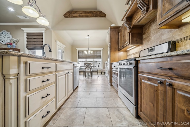 kitchen featuring backsplash, an inviting chandelier, lofted ceiling with beams, hanging light fixtures, and light tile patterned floors