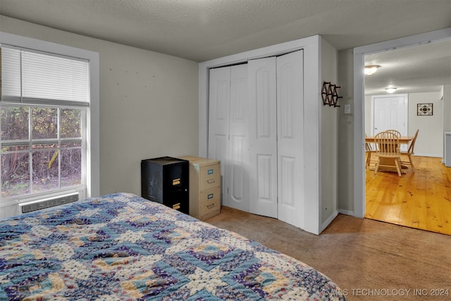 bedroom with carpet flooring, a textured ceiling, and a closet