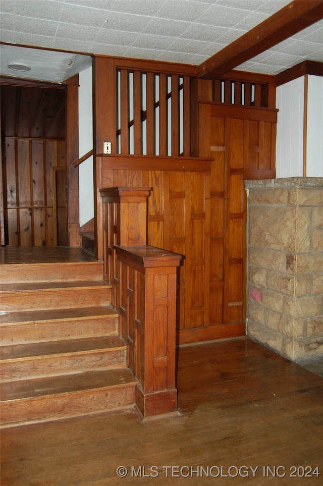 stairs featuring hardwood / wood-style floors, a drop ceiling, and wood walls