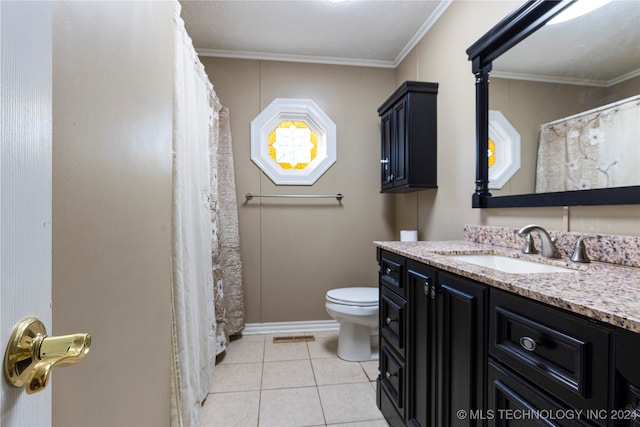 bathroom featuring tile patterned floors, vanity, toilet, and ornamental molding