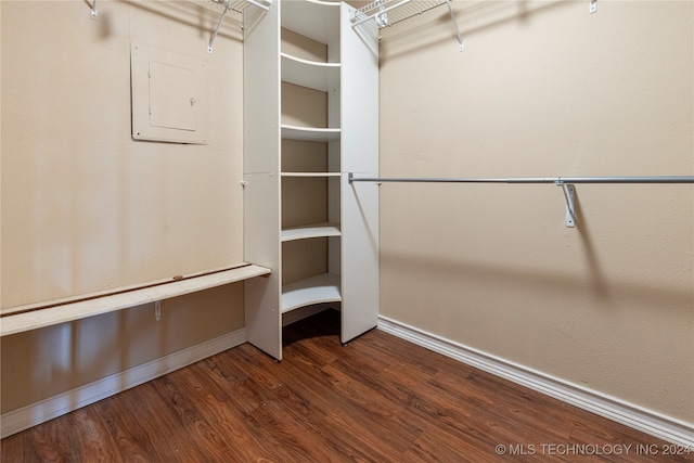 walk in closet with dark hardwood / wood-style flooring and electric panel