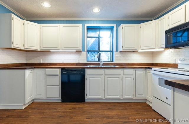 kitchen with dark hardwood / wood-style flooring, sink, white cabinets, and black appliances