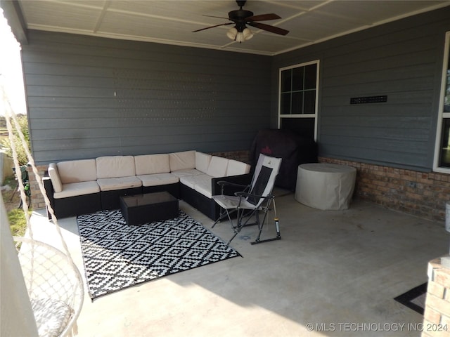 view of patio featuring an outdoor living space, ceiling fan, and area for grilling