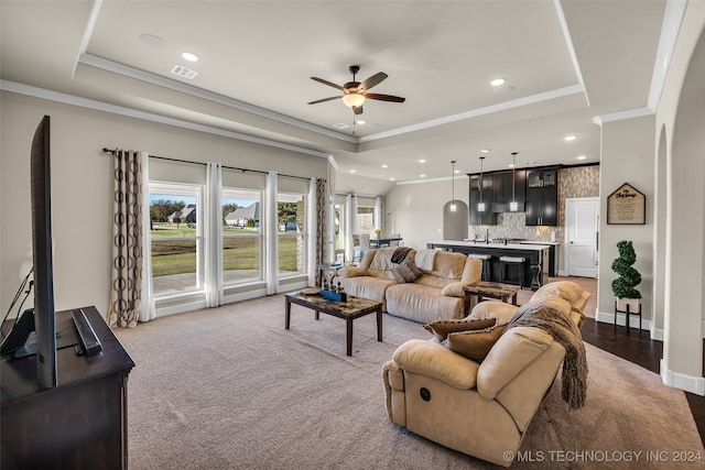 living room with a raised ceiling and crown molding