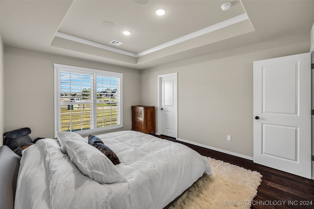 bedroom with dark hardwood / wood-style flooring and a raised ceiling