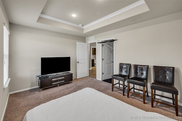 carpeted bedroom featuring a raised ceiling and a barn door