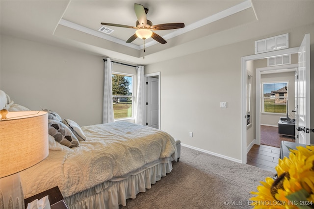 carpeted bedroom with a tray ceiling and ceiling fan