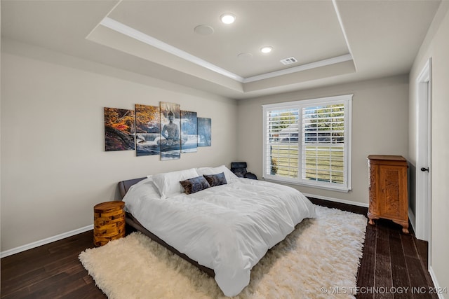 bedroom featuring a tray ceiling and dark wood-type flooring