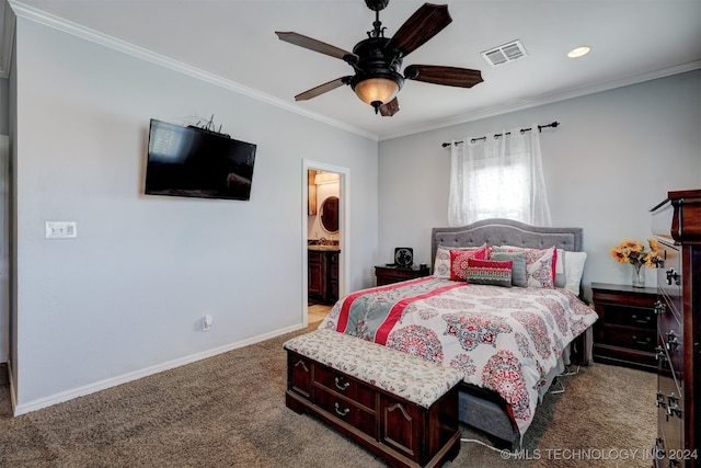 bedroom with carpet, ensuite bathroom, ceiling fan, and crown molding