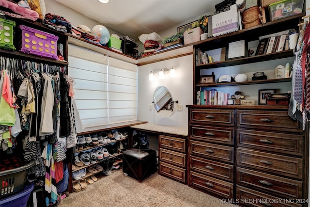 walk in closet with light colored carpet