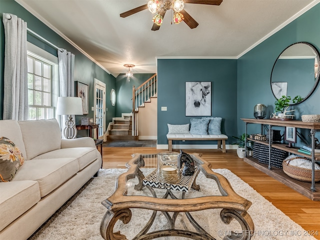 living room featuring hardwood / wood-style floors, ceiling fan, and ornamental molding