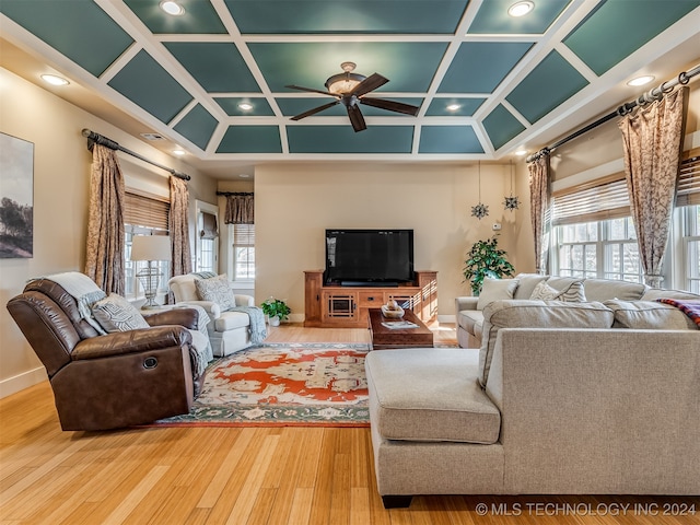 living room with ceiling fan, wood-type flooring, and coffered ceiling