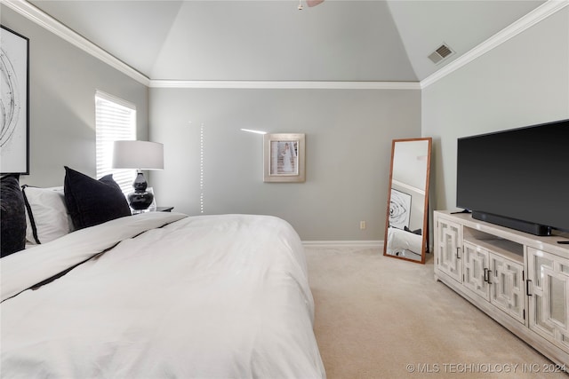 carpeted bedroom with vaulted ceiling and crown molding