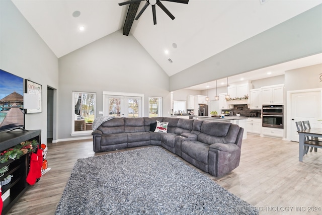 living room featuring french doors, ceiling fan, high vaulted ceiling, beamed ceiling, and hardwood / wood-style floors