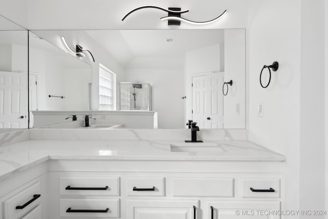 bathroom with a sink, a stall shower, and double vanity