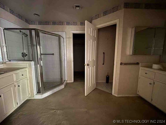 bathroom featuring vanity and walk in shower