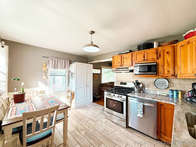 kitchen with appliances with stainless steel finishes, light wood-type flooring, decorative light fixtures, and a wealth of natural light