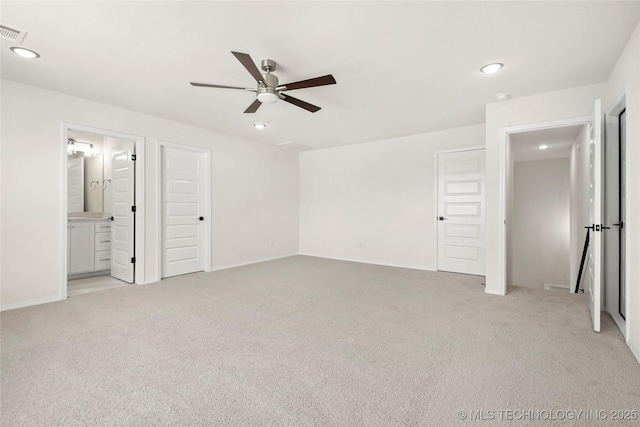 unfurnished bedroom featuring visible vents, ceiling fan, recessed lighting, and light colored carpet