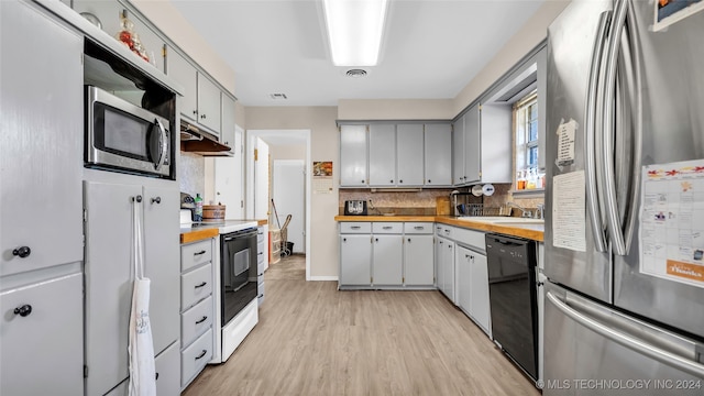 kitchen with wood counters, backsplash, sink, light wood-type flooring, and stainless steel appliances