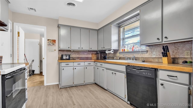 kitchen with sink, light hardwood / wood-style floors, gray cabinets, decorative backsplash, and black appliances