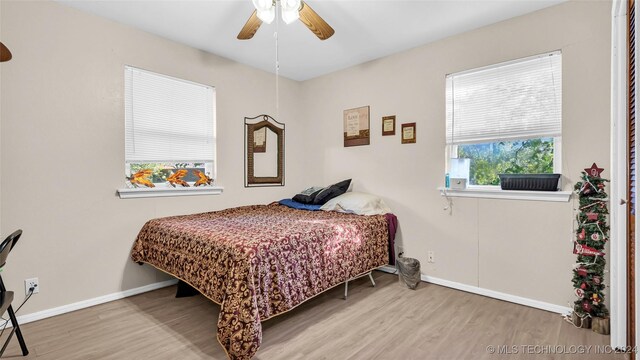 bedroom with ceiling fan and wood-type flooring