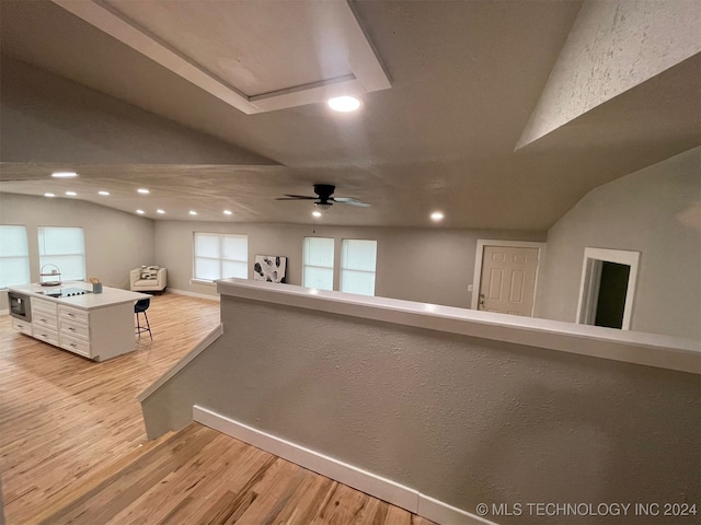 hall featuring light hardwood / wood-style flooring and lofted ceiling