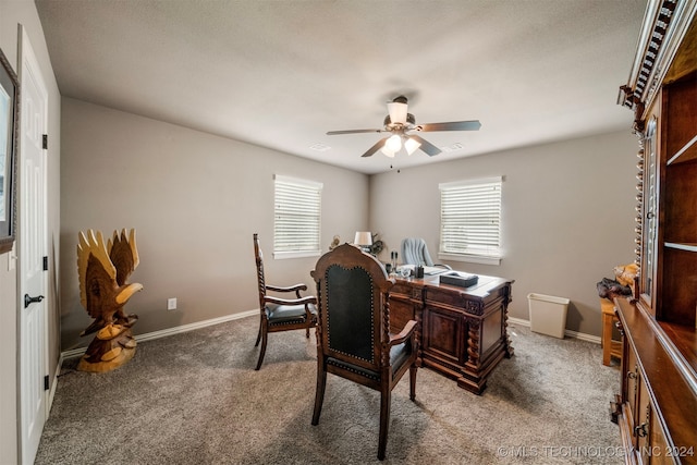 office area featuring ceiling fan and carpet