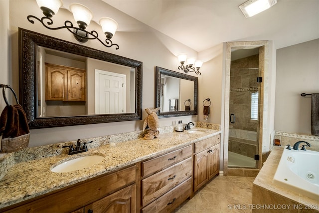 bathroom featuring vanity, a notable chandelier, and plus walk in shower