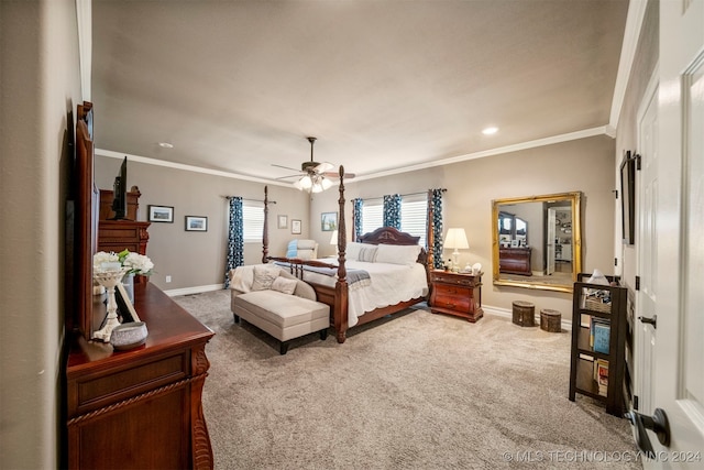 bedroom with ornamental molding, light carpet, and ceiling fan