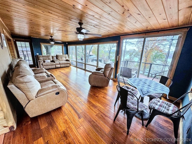 living room featuring ceiling fan, wood-type flooring, and wood ceiling