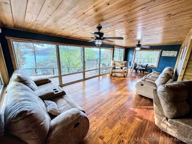 living room featuring hardwood / wood-style flooring, ceiling fan, lofted ceiling, and wooden ceiling