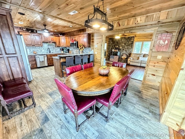 dining area featuring ceiling fan, sink, wooden walls, wood ceiling, and light wood-type flooring