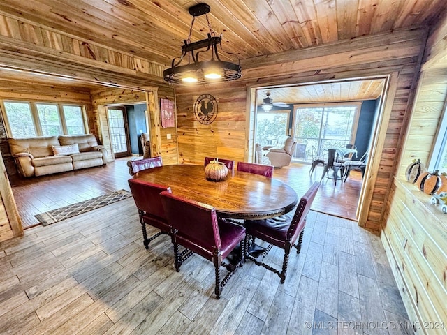 dining area with wood walls, ceiling fan, light hardwood / wood-style floors, and wooden ceiling