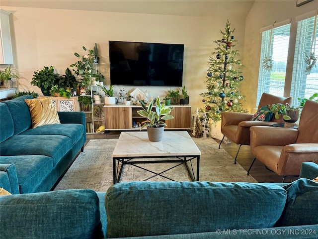 living room with hardwood / wood-style floors and vaulted ceiling