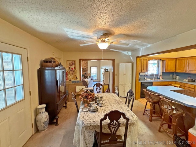 613 S Rodgers St, Vian, OK 74962 - dining room with a textured ceiling, light colored carpet, and ceiling fan