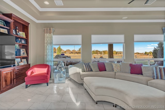 living room featuring crown molding and light tile patterned floors