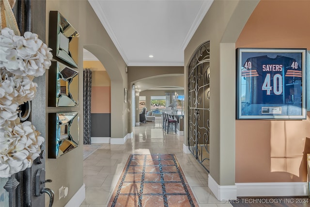 corridor featuring ornamental molding