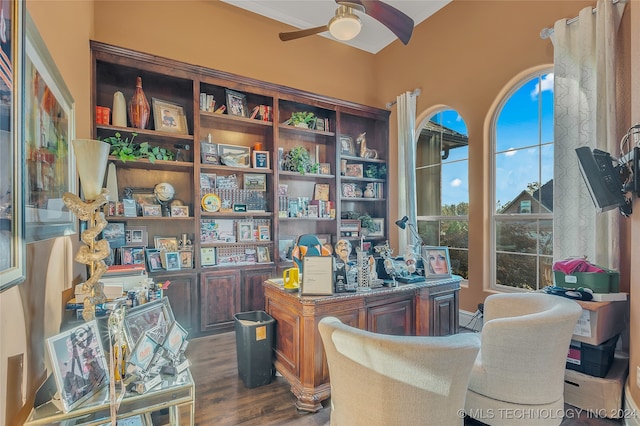 office with dark hardwood / wood-style floors and ceiling fan