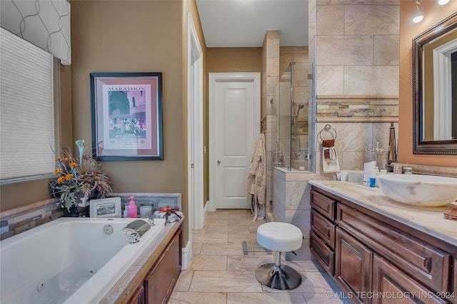 bathroom featuring vanity and plus walk in shower