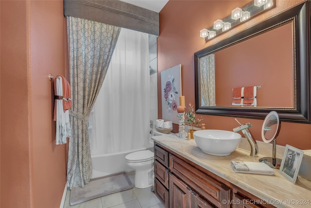 full bathroom with tile patterned flooring, vanity, toilet, and shower / bathtub combination with curtain