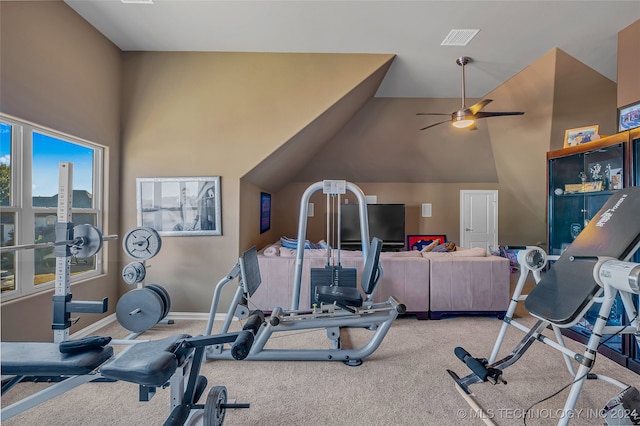 workout area with carpet flooring, high vaulted ceiling, and ceiling fan