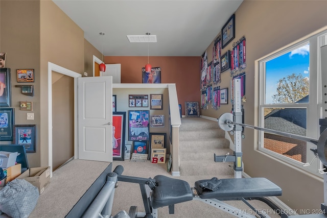 workout area featuring carpet