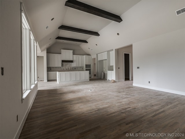 unfurnished living room featuring beamed ceiling, wood-type flooring, and high vaulted ceiling