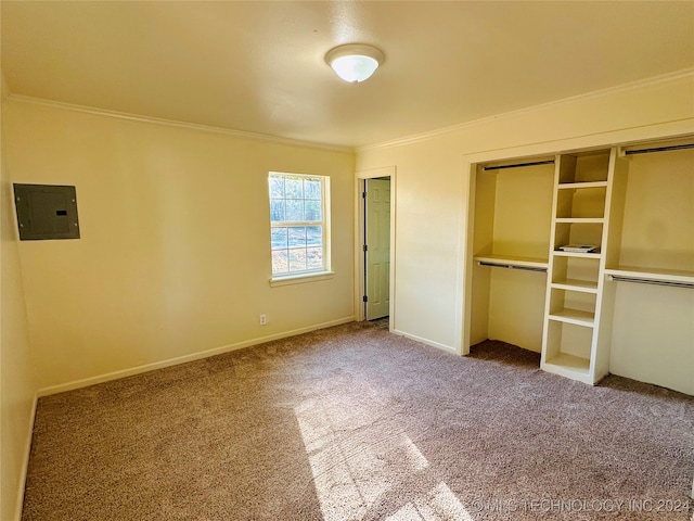 unfurnished bedroom with carpet, crown molding, electric panel, and a closet