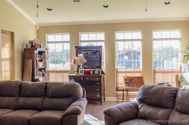 living room with light wood-type flooring and crown molding