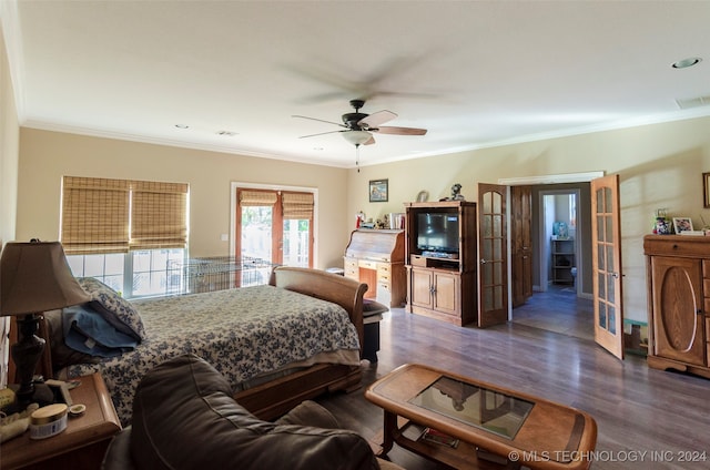 bedroom with access to exterior, french doors, ceiling fan, crown molding, and dark hardwood / wood-style floors